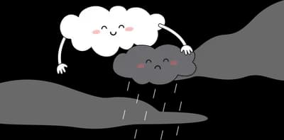 Smiling white cloud holding hands with a frowning dark grey cloud