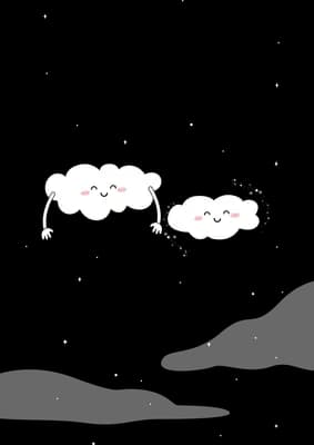 Two small outlined cloud characters reaching toward each other on an empty field