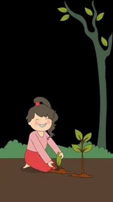 Girl kneeling to tend a slender young tree in a plot of soil
