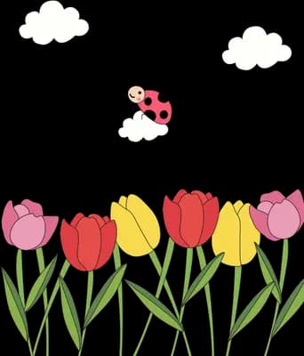 Row of red pink and yellow tulips with a ladybug flying above and clouds behind