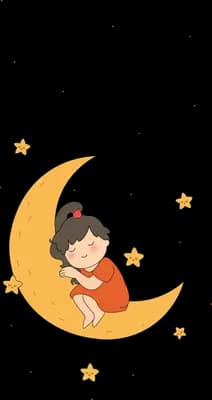 Girl sitting inside a yellow crescent moon surrounded by small stars