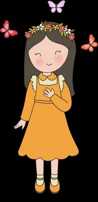 Girl in a yellow dress wearing a flower crown with butterflies around her