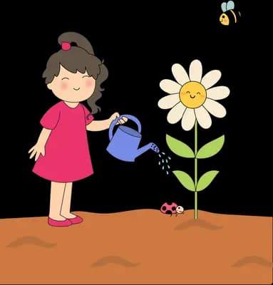 Girl watering a tall sunflower in a soil bed with a bee and ladybug nearby