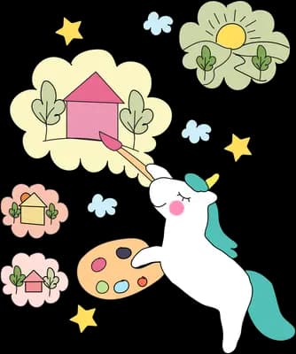 Unicorn holding a paint palette painting a thought cloud with a house flowers and stars