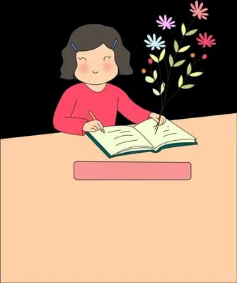 Woman at a desk reading an open book from which wildflowers grow
