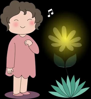 Girl in a pink dress standing beside a tall dark flower with a glowing centre and an aloe plant