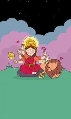 Multi-armed goddess durga with her lion on a pink cloud background above a blank green banner panel