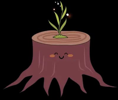 Smiling tree stump with a fresh green sprout growing from the top