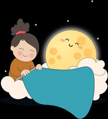 Girl tucking a smiling moon into a blue blanket on a cloud