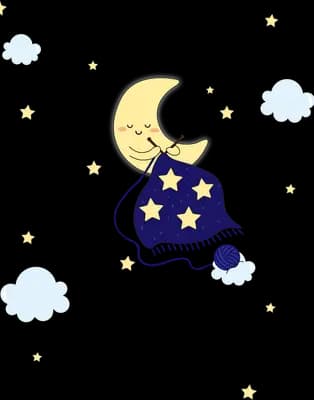 Sleeping crescent moon wrapped in a starry blue blanket among clouds and stars