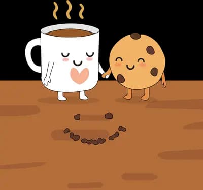 Smiling mug of coffee and a chocolate chip cookie character standing on brown soil
