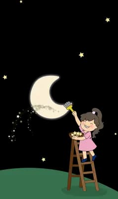 Girl on a wooden ladder polishing a crescent moon on a green hill