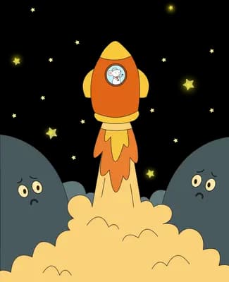 Rocket lifting off in a cloud of smoke watched by two dark shapes with eyes