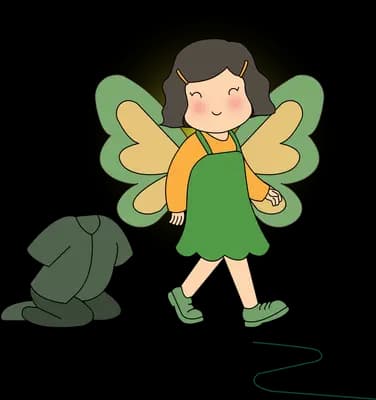 Girl with butterfly wings walking away from a discarded shell against a dark circle