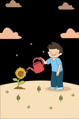 Boy watering a small sunflower sprout in sandy soil under pink clouds