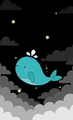 Small teal whale floating alone on an empty field with a few tiny stars