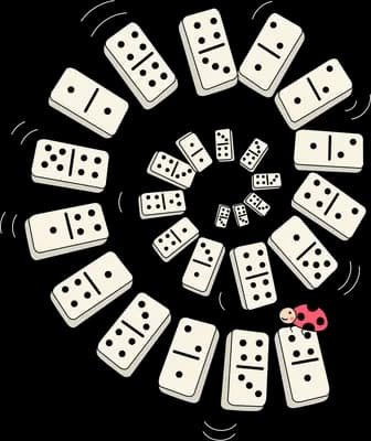 Spiral of toppling dominoes with a ladybug at the outer end