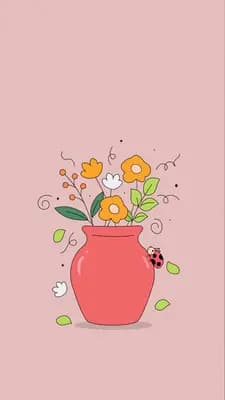 Red vase filled with bright flowers with a ladybug on the rim