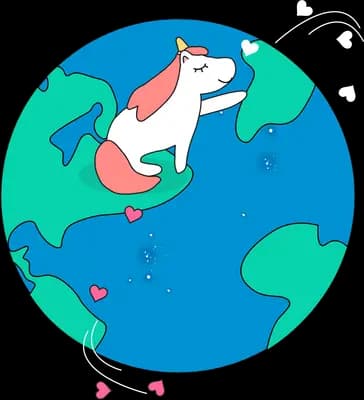 Unicorn resting on top of the earth globe surrounded by small hearts