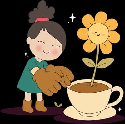 Girl pouring soil into a teacup planter where a smiling sunflower grows