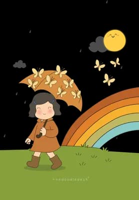 Girl in a brown coat walking on grass with a leaf patterned umbrella beside a rainbow