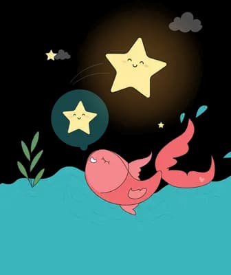 Red fish leaping from the water toward a glowing star