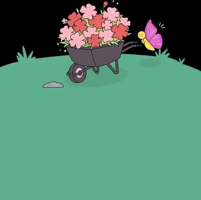 Wheelbarrow heaped with pink flowers on a green hill with a butterfly