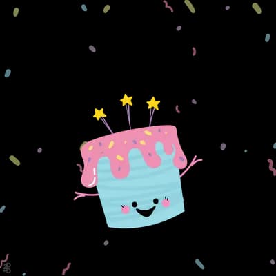 Smiling birthday cake with star candles surrounded by confetti
