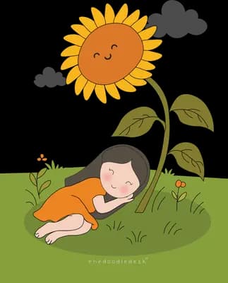 Girl in orange asleep on the grass beneath a tall smiling sunflower