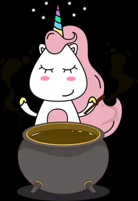 Unicorn stirring a steaming black cauldron with stars overhead