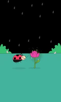 Ladybug facing a small pink flower on a green field