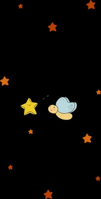 Tiny winged snail beside a small star on a mostly empty field of scattered stars