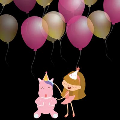 Unicorn and a fairy girl holding a big bunch of pink and cream balloons