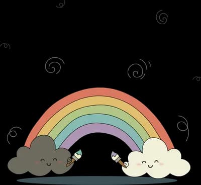 Rainbow arching between a smiling dark cloud and a white cloud holding brushes