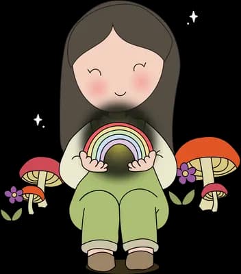Girl sitting holding a small rainbow in her lap among giant mushrooms