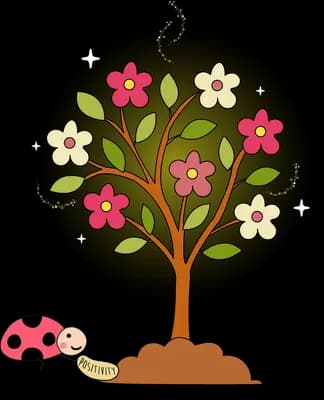 Flowering tree in a dark circle with a ladybug and caterpillar at its roots
