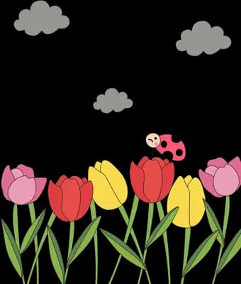 A ladybug resting on a row of red pink and yellow tulips under grey clouds