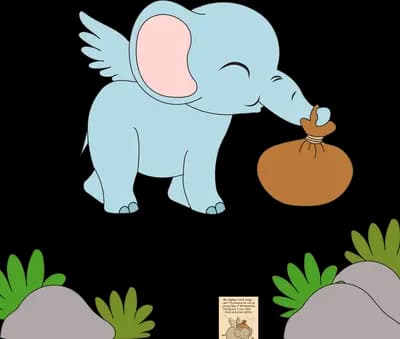 Winged blue elephant standing on the ground among rocks and plants