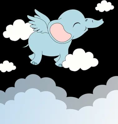 Winged blue elephant flying above a bank of clouds