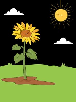 A sunflower standing in a green field over a crack in the ground with the sun above
