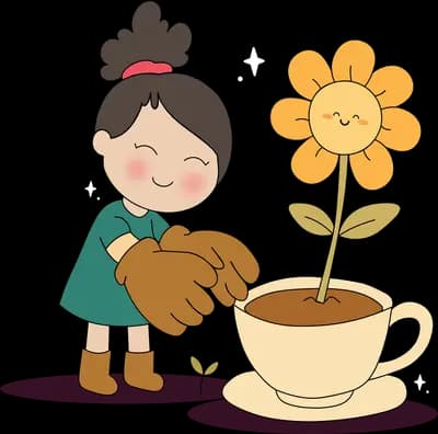 Girl in green watering a smiling sunflower growing out of a large teacup