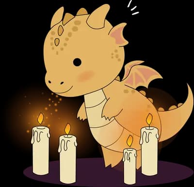 Chubby orange dragon walking forward past glowing lanterns on a purple ground oval