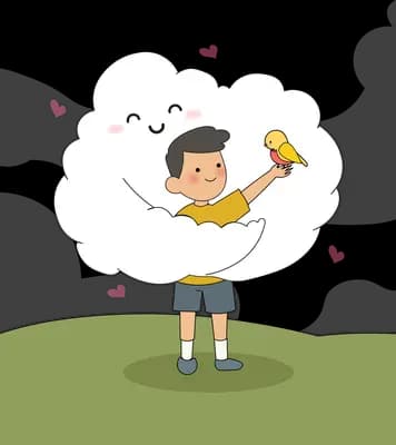 Boy holding up a trophy inside a big smiling cloud on a green hill with hearts around