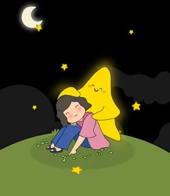 Glowing yellow star leaning over a slumped girl on a green hill under a crescent moon
