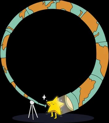 Tiny girl fitting a yellow star into a huge ring made of the globe