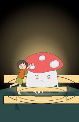 Boy sitting on a bed leaning against a giant red toadstool mushroom