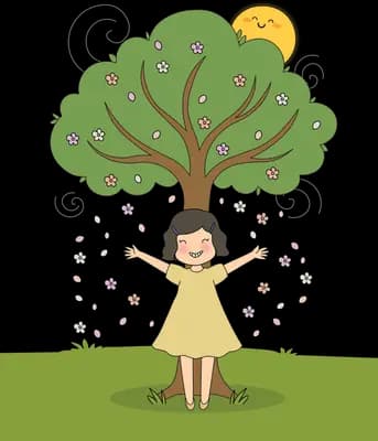 Girl standing under a big leafy tree with petals falling around her and a smiling sun above