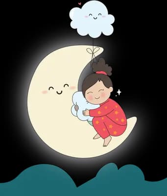 Baby in red sleeping on a crescent moon with a smiling cloud tethered above