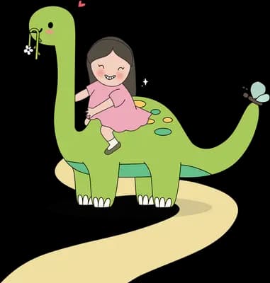 Girl in a pink dress riding a long-necked green dinosaur along a sandy path with a butterfly nearby