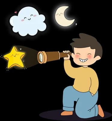 Boy kneeling and looking through a telescope at a smiling star, cloud and crescent moon